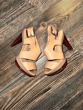 Michael Kors Nude Leather High-Heel “Carla” Sandals with Buckle